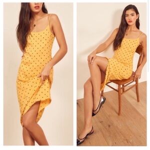 Reformation Mariah Midi Dress Size XS Yellow with Black Polka Dot FLAW